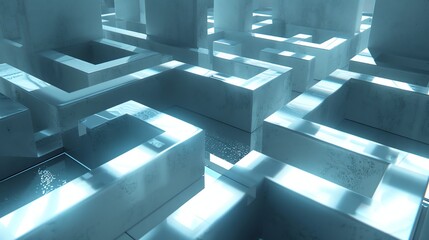 An abstract geometric pattern with white blocks with light shining through.