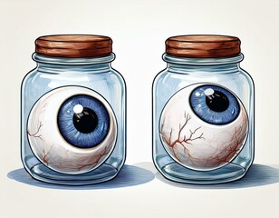 Set of Eyeball in a jar, watercolor illustration, isolated on white background.