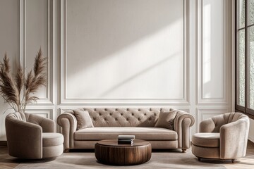 Poster - A light, relaxing interior with a sofa and armchair near a window