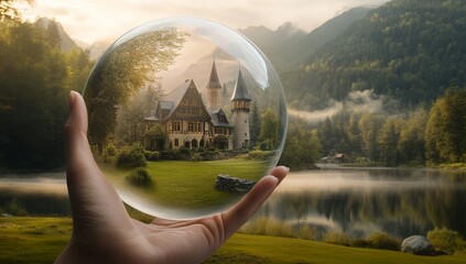 Wall Mural - The hand of a man holds the family house. Bubbles cover the roof. Concept of home protection and insurance. Safe living area. Stock generated.