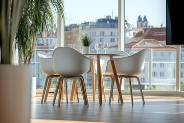 Canvas Print - The interior of a light glass office room shows a tv screen, a table, chairs, and windows