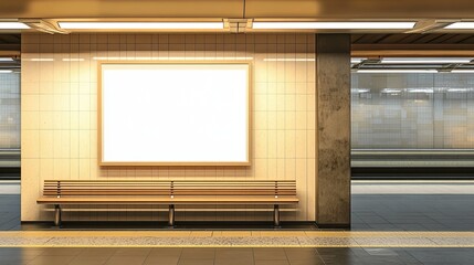 Wall Mural - The subway station has white tiles and a central advertising board. Urban design and communication concept Stock