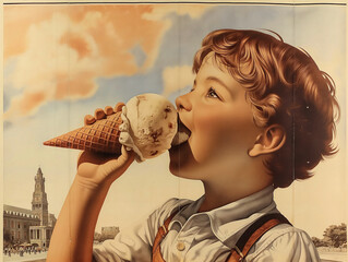 Poster - A young boy is eating an ice cream cone. The image is a vintage advertisement for an ice cream company