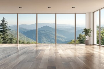 Poster - An empty living room with panoramic views and a mock-up wall