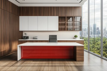 Poster - Business interior with a desk, computer, shelf and a computer monitor near the window for a CEO