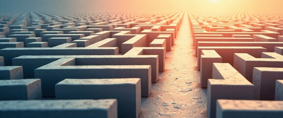 Wall Mural - Endless Maze with Hopeful Sunlight Representing Mental Health Journey with Copy Space