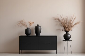 Wall Mural - Black Dresser with Dried Flowers in Vases