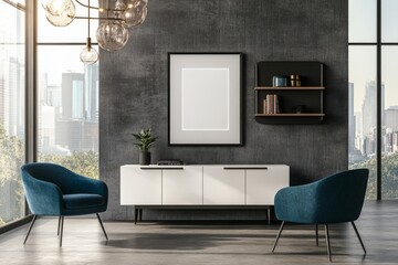 Poster - Living room interior with window and shelf, mockup frame