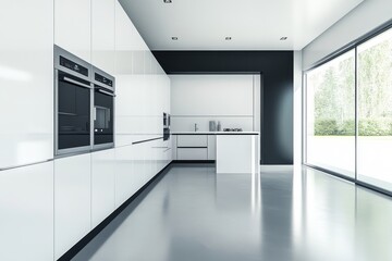 Poster - The kitchen interior has a refrigerator and kitchenware, a panoramic window, and a light color scheme