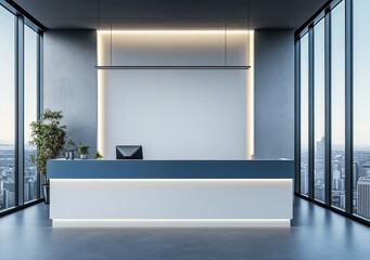 Poster - The interior desk and panoramic window of a stylish reception area, mocked up