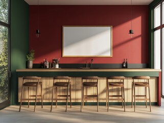 Sticker - Mockup of the interior of a stylish kitchen with a bar island and cooking space.