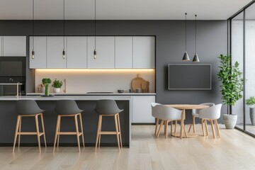 Poster - Gray and white kitchen with island and table