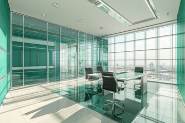 Poster - Interior of a stylish office with a coworking space and glass conference boxes