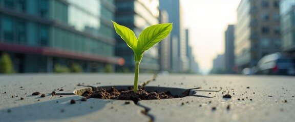 Wall Mural - Green Sprout with Hope Growing through Concrete against Urban Cityscape