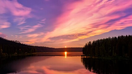 Wall Mural - Breathtaking sunset over tranquil lake surrounded by forest in early evening