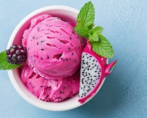 Dragon Fruit Ice Cream with Mint and Blackberry