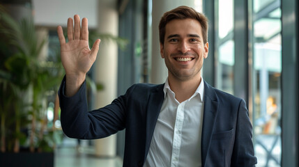 Businessman waving and smiling.