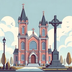 Church building with Christian cross against the sky vector design illustration