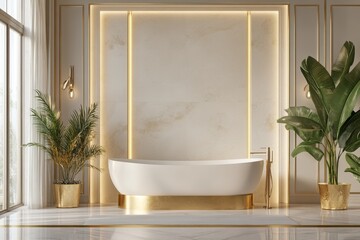 Wall Mural - Bathroom interior in white with a bathtub and shower, a window and a mockup.