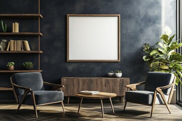 Wall Mural - A mock-up of a grey living room interior with armchairs and a bookshelf