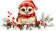 © JCreative - A charming watercolor illustration of an owl wearing a Santa hat and scarf, perched on snow-covered pine branches with berries and pinecones, capturing the festive holiday spirit.