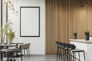 Poster - An interior mockup of a cozy cafe with a bar counter, dining tables and chairs.