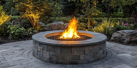 Poster - Circular outdoor stone paver firepit with fire blazing inside and subtle recessed lighting hidden around the base; hardscaping background image 