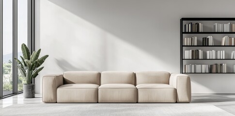 Canvas Print - The interior of a living room with a white wall and a comfy sofa is white and empty