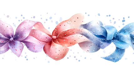 A vibrant watercolor illustration of three festive ribbons in pink, red, and blue, adorned with speckles, creating a playful and cheerful holiday decoration.