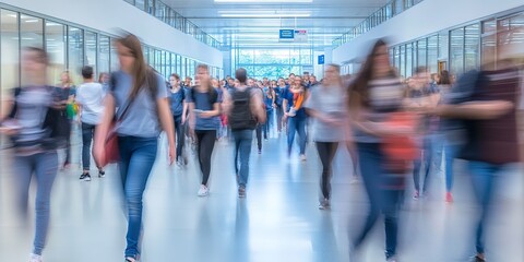 Wall Mural - High school students in a busy college building captured in motion blur between lessons