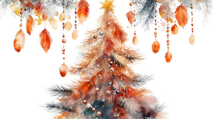 A watercolor Christmas tree adorned with soft feathers and ornaments in warm autumn tones. The festive design combines seasonal elements with a boho aesthetic, perfect for holiday decor.