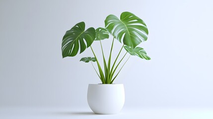 A monstera plant in a simple white pot and white vase, placed on a table, showcasing a clean and minimalist home decor style.......