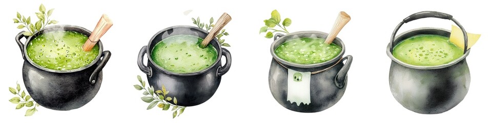 Illustration of four black cauldrons filled with green potion, adorned with herbs, and wooden spoons, isolated on white background.