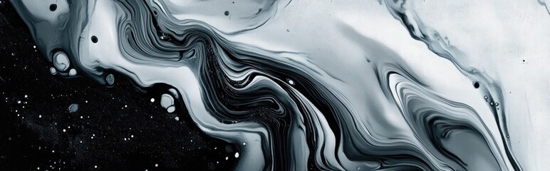 Aufkleber - Abstract flow acrylic and watercolor flow marble blot painting in a 3D cartoon rendering Black and white color wave horizontal texture background