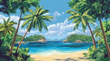 Wall Mural - A serene tropical beach scene with palm trees and clear blue water under a bright sky.