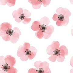 A seamless watercolor pattern featuring pastel pink flowers with white details, evenly spaced on a white background, creating a minimal and vintage-inspired floral design.......