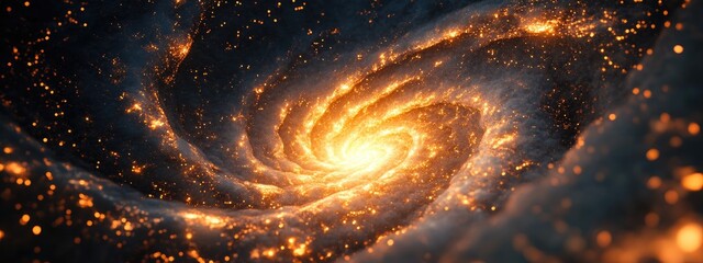 Wall Mural - Abstract representation of a spiral cluster of orange stars or galaxies in space created in 3D cartoon rendering showcasing a unique pattern and texture