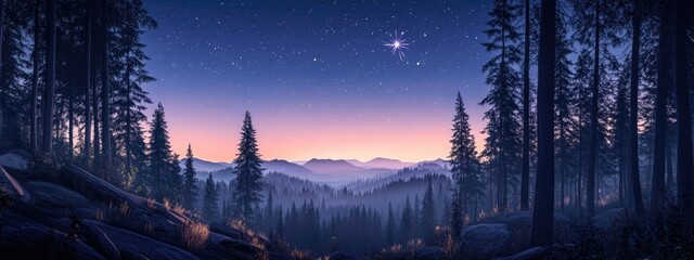 Fototapete - Illustration of a forest landscape at twilight featuring a north star in a 3D cartoon rendering style complemented by astronomical design elements