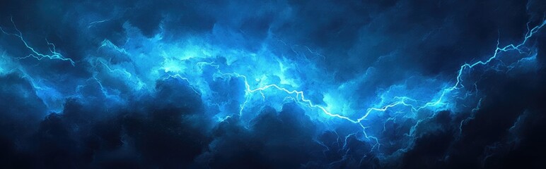 Poster - Brightly painted night sky with lightning and thunderstorm in a 3D cartoon rendering featuring a smokey texture illustration Light blue neon watercolor on a deep dark background with a paper textu
