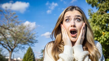 Portrait of young girl emotions surprised mental health, outdoors with space for text 