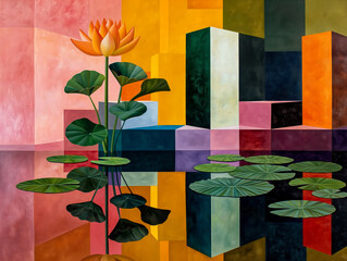 Wall Mural - A painting of a flower with a pond in the background. The painting is a mix of colors and shapes, giving it a unique and abstract appearance. The flower is the main focus of the painting