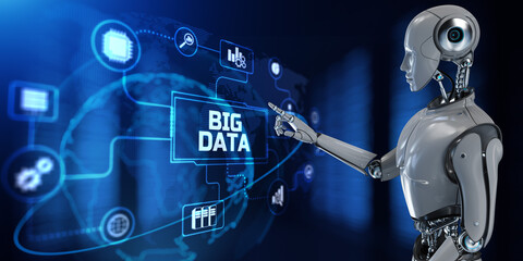 Wall Mural - big data analysis technology concept. robot pressing button on screen 3d render.