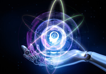 Wall Mural - machine learning artificial intelligence neural network. robot hand pressing button 3d render.