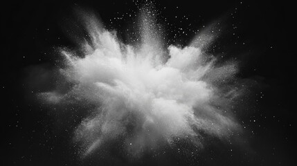 Freeze motion of white dust explosion on black background in 3D cartoon rendering Stopping the movement of white powder against a dark backdrop