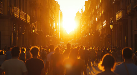 Sticker - A crowd of people walking down the street in Spain during the golden hour