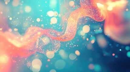 Poster - Abstract geometry on a turquoise background featuring plasma flow and particles in a 3D cartoon rendering