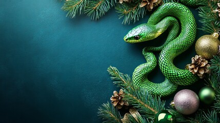 A green snake is holding a banner announcing the New Year, a christmas decoration, a background with a bright festive color, a greeting card with space for text