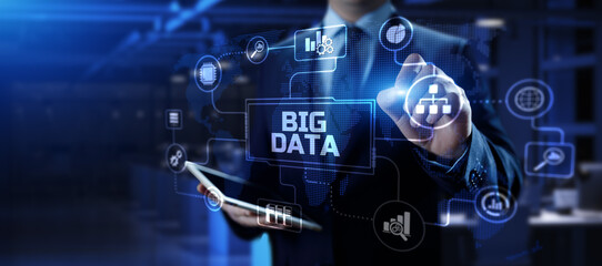 Wall Mural - big data analysis analytics internet technology concept. businessman pressing button on screen.