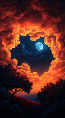 Wall Mural - A beautiful night sky with a large moon and orange clouds. The sky is filled with trees and the moon is shining brightly