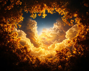 Wall Mural - a beautiful, serene scene of a forest with a large, yellow sun shining through the clouds